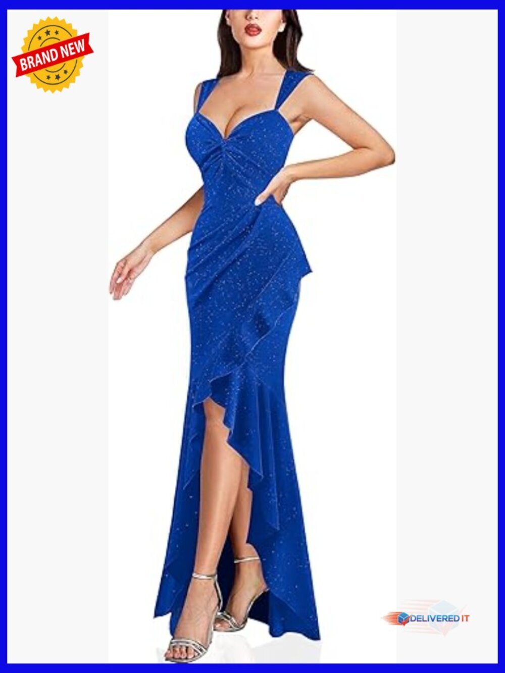 Glitter Sweetheart V Neck Formal Evening Gown Maxi Dress Backless Ruched